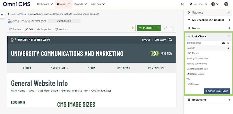 Screenshot of the link check gadget displayed on the Modern Campus CMS sidebar.