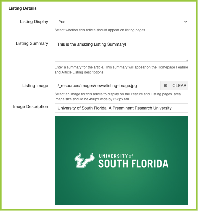 Screenshot of the Listing Details fields in an internal news article in MultiEdit.