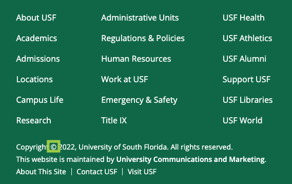 Screenshot of the footer of a USF web page with the copyright symbol highlighted.