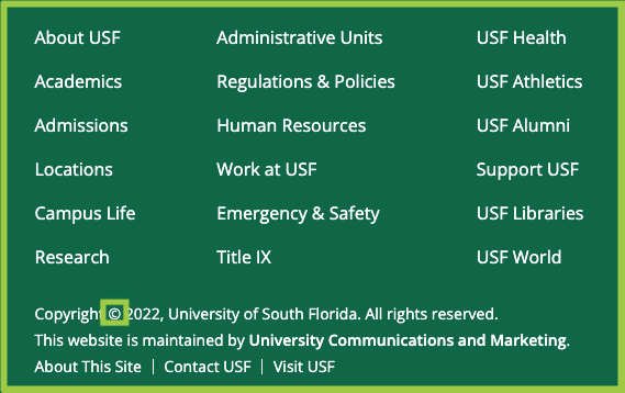 Screenshot of the footer of a USF web page with the copyright symbol highlighted.