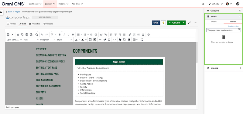 Screenshot of the notes gadget in the Modern Campus CMS.