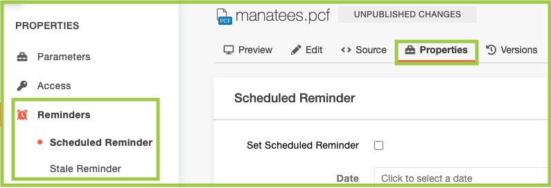 Screenshot of how to access Reminders from Page Actions View