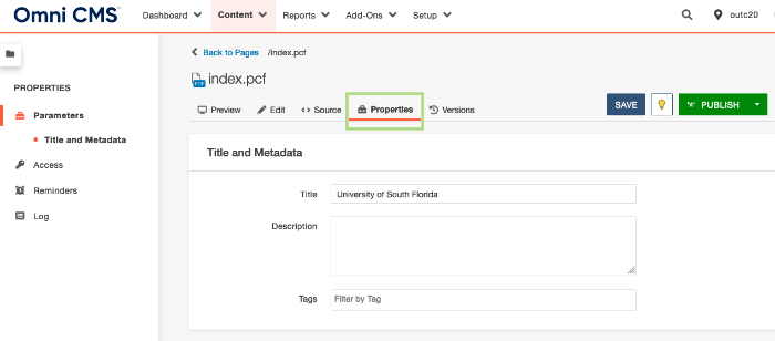 Screenshot showing the Omni CMS properties section. 