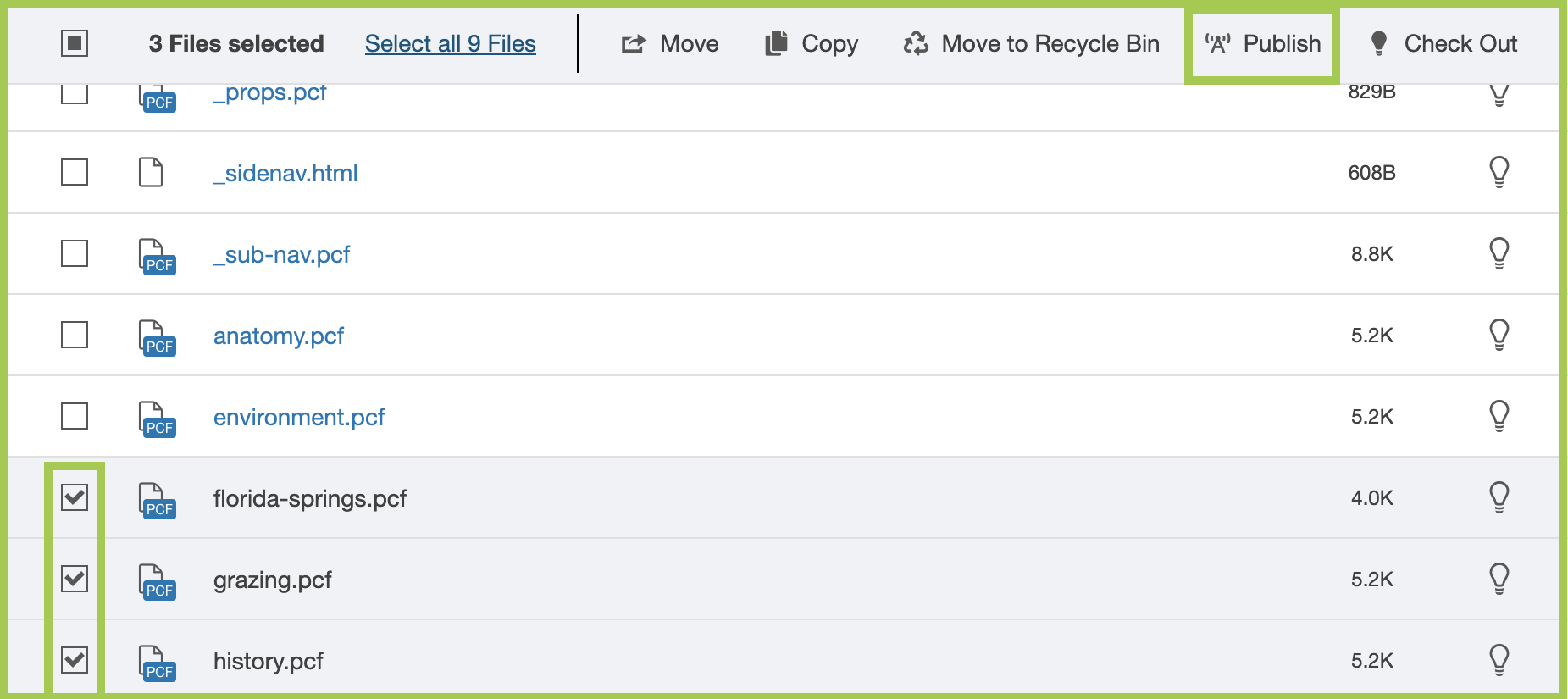 Screenshot of multiple pages selected for publishing in the Modern Campus CMS.