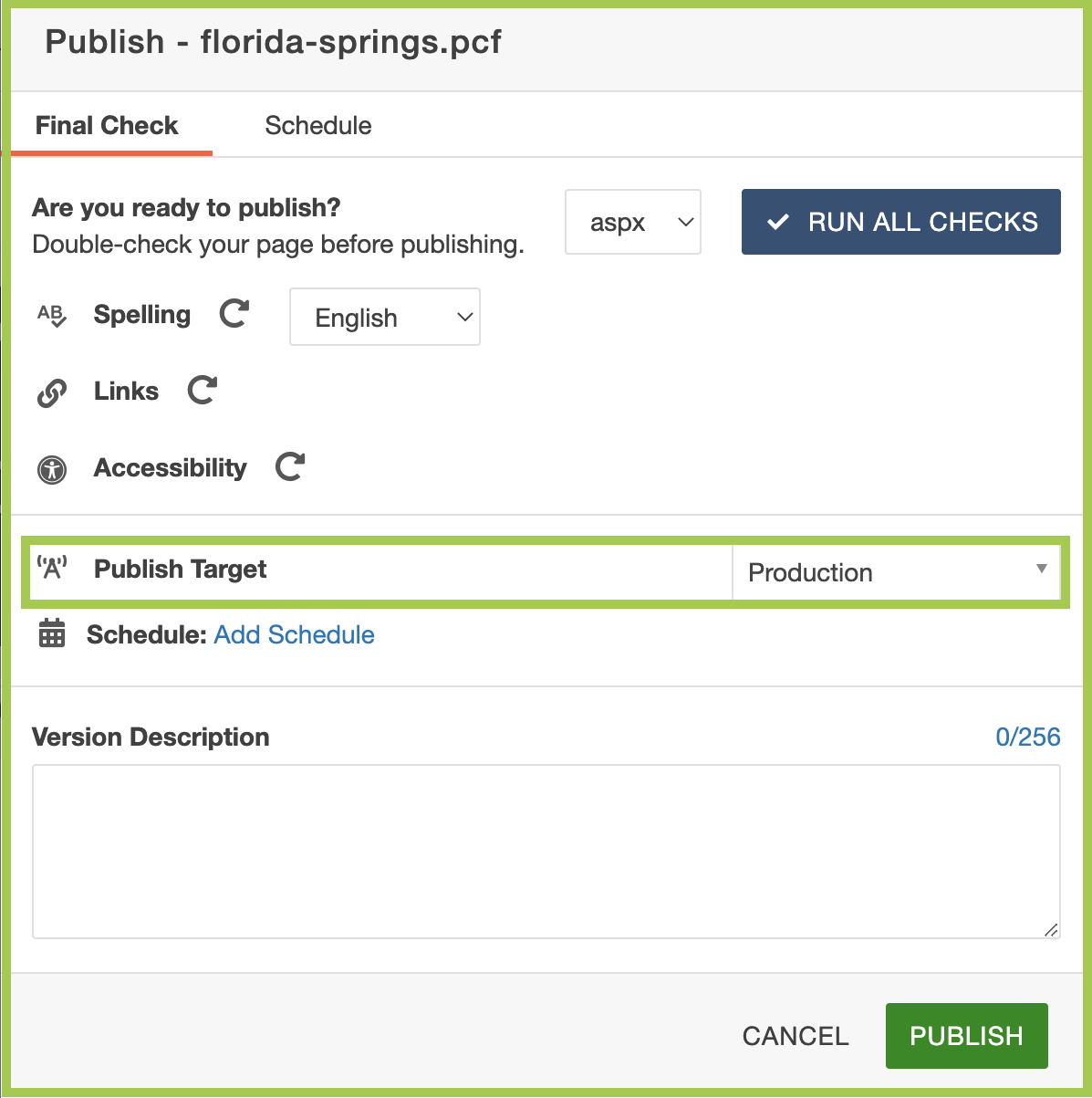 Screenshot of the Publish Target section of the Final Check window.