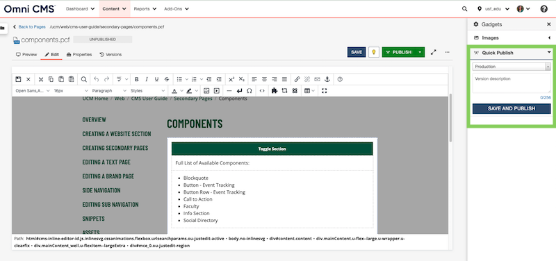 Screenshot of the quick publish gadget in the Modern Campus CMS.