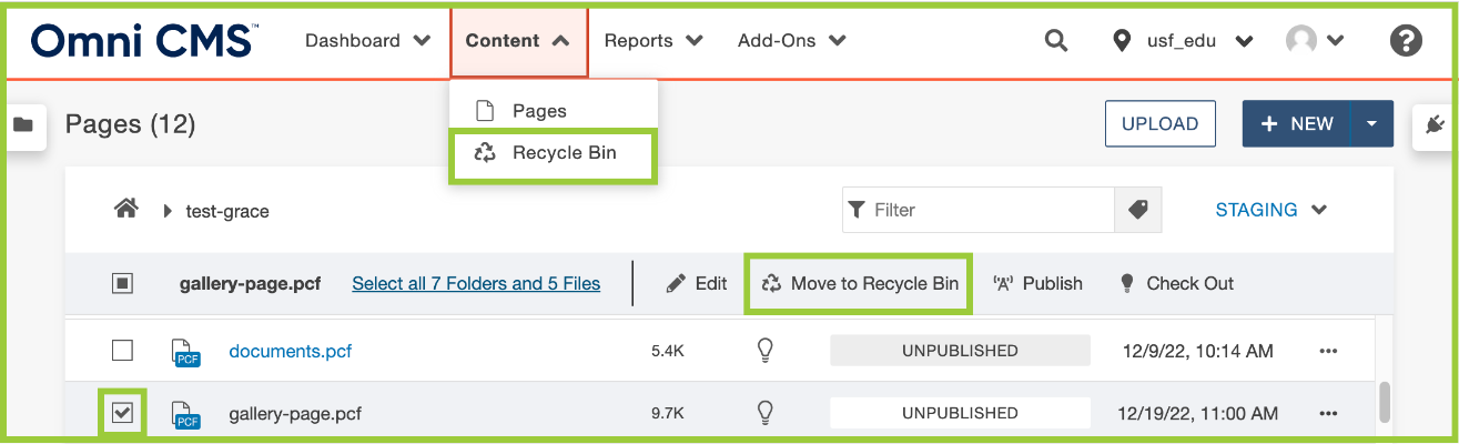 Screenshot of moving a file to the Recycle Bin on the CMS