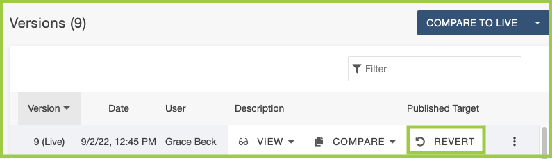 Screenshot of the Revert option in the Modern Campus CMS.