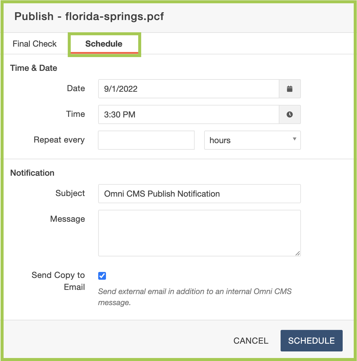 Screenshot of the Schedule window in the Modern Campus CMS.