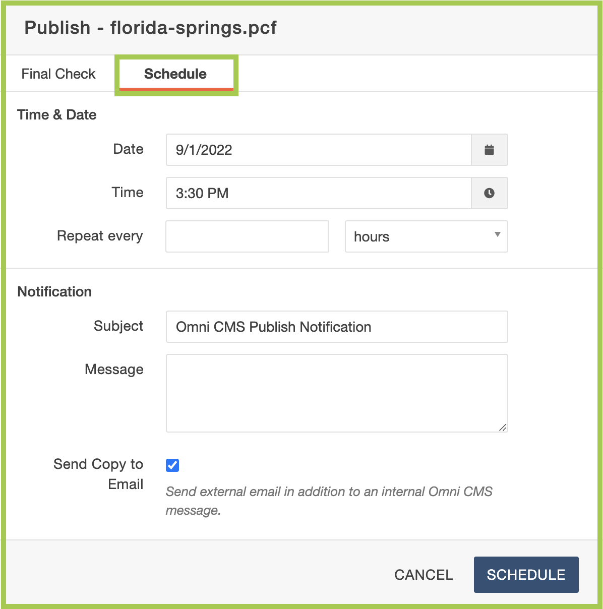 Screenshot of the Schedule window in the Omni CMS.