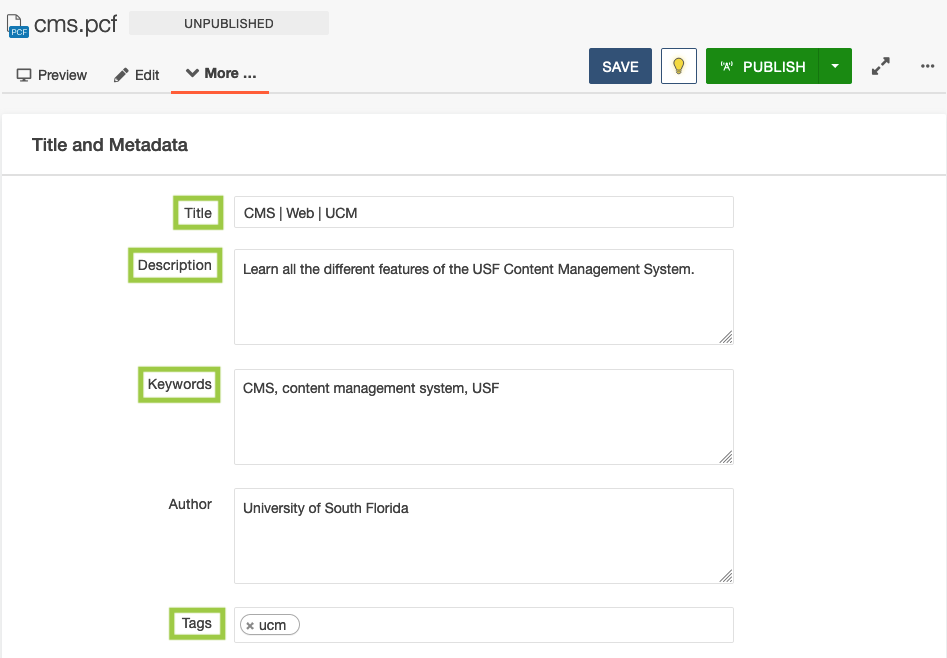 Screenshot of the Properties section of a CMS page