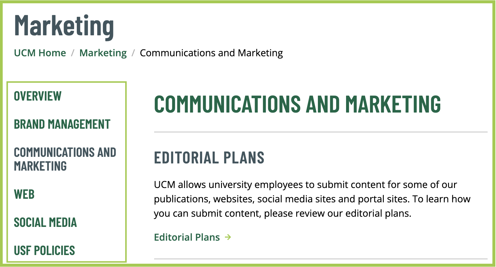 Screenshot of Side Navigation on a Text page in the Modern Campus CMS.