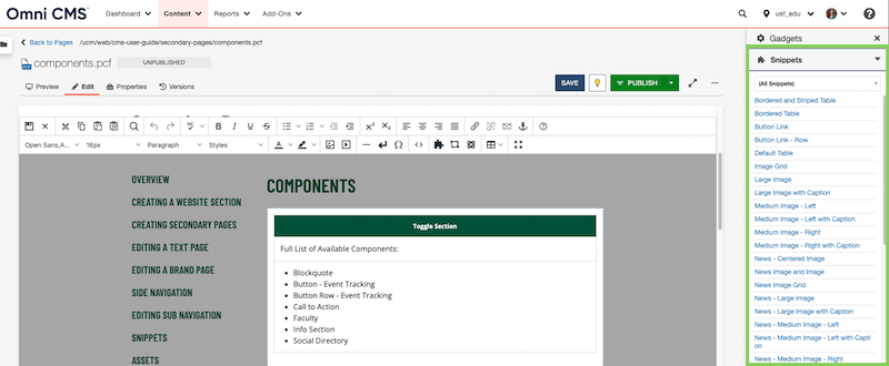 Screenshot of the snippets gadget in the Modern Campus CMS.