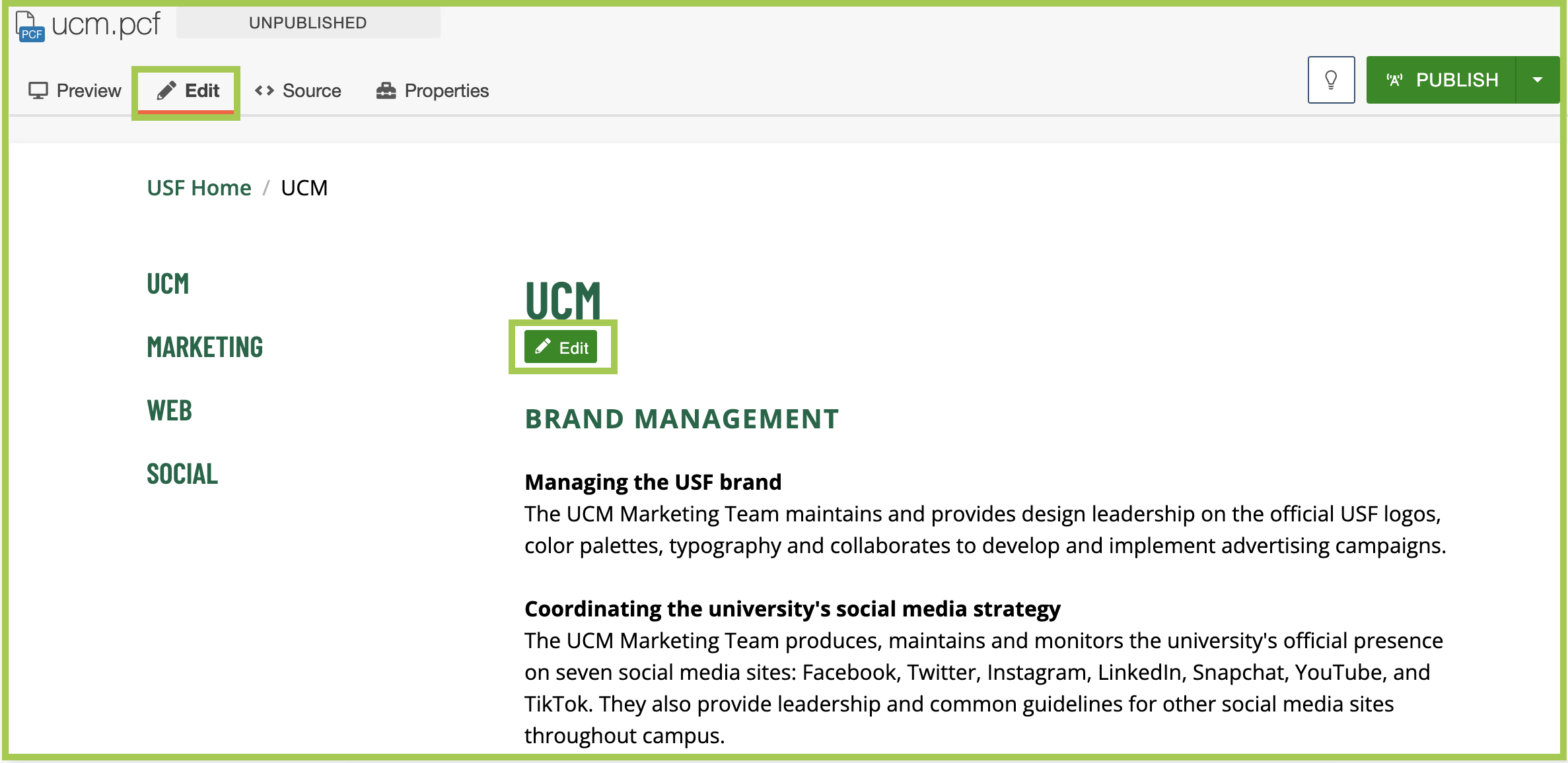 Screenshot of editing a text page in the Modern Campus CMS.