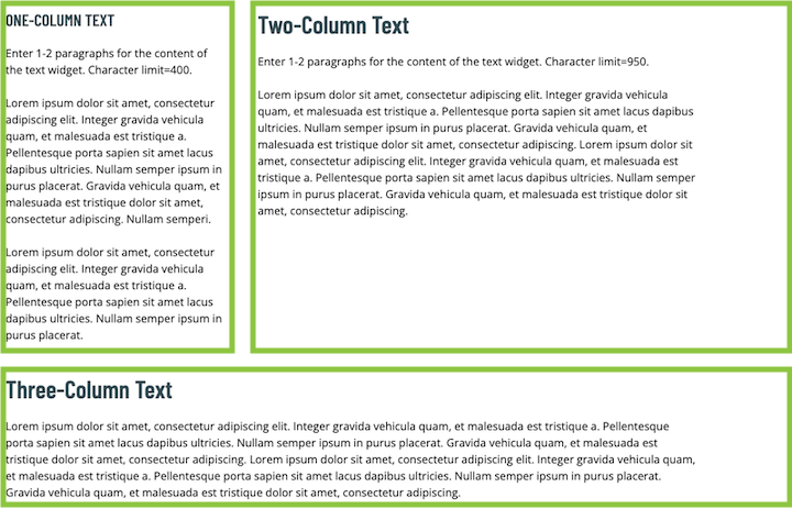Screenshot of the one-, two-, and three-column text widgets in the Omni CMS.
