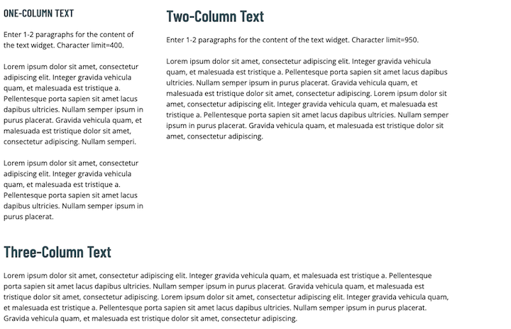 Screenshot of the one-, two-, and three-column text widgets in the Omni CMS.