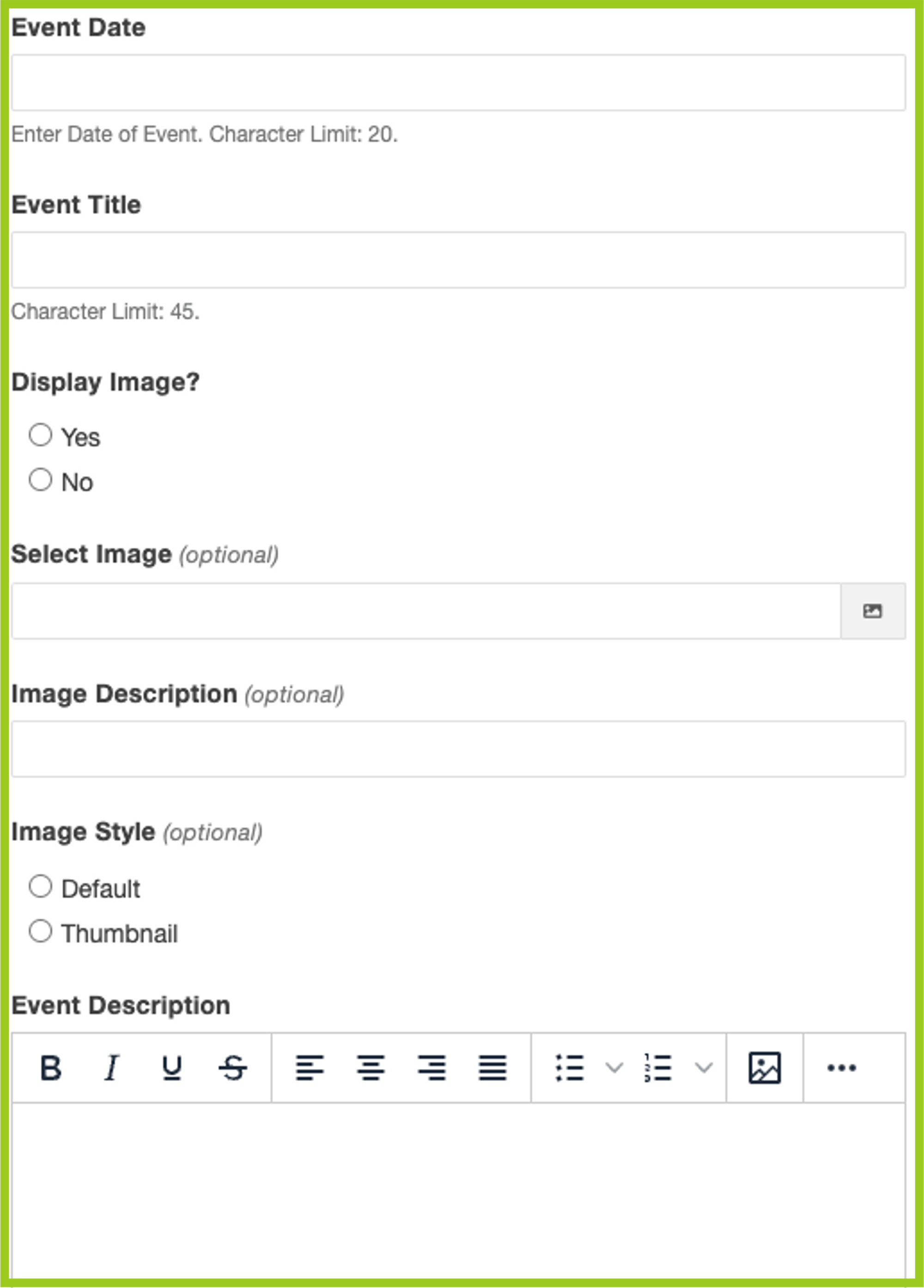 Screenshot of adding in Timeline Event information fields.