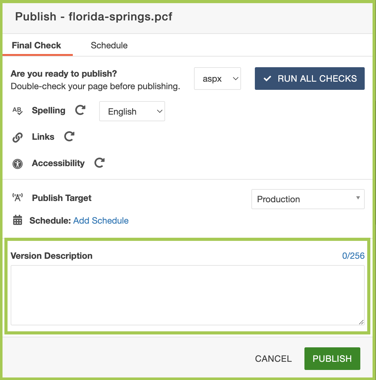 Screenshot of the Version Description section of the Final Check window in the Modern Campus CMS.