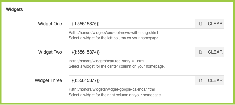 Screenshot of Widgets editable area in the CMS index file.
