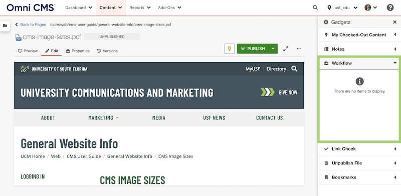 Screenshot of the workflow gadget displayed on as a sidebar in the Modern Campus CMS.