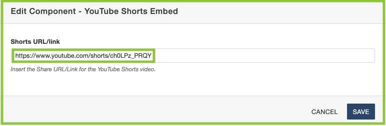 Model window of YouTube Shorts Embed link