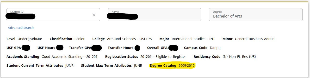 Screenshot of top portion of degree audit