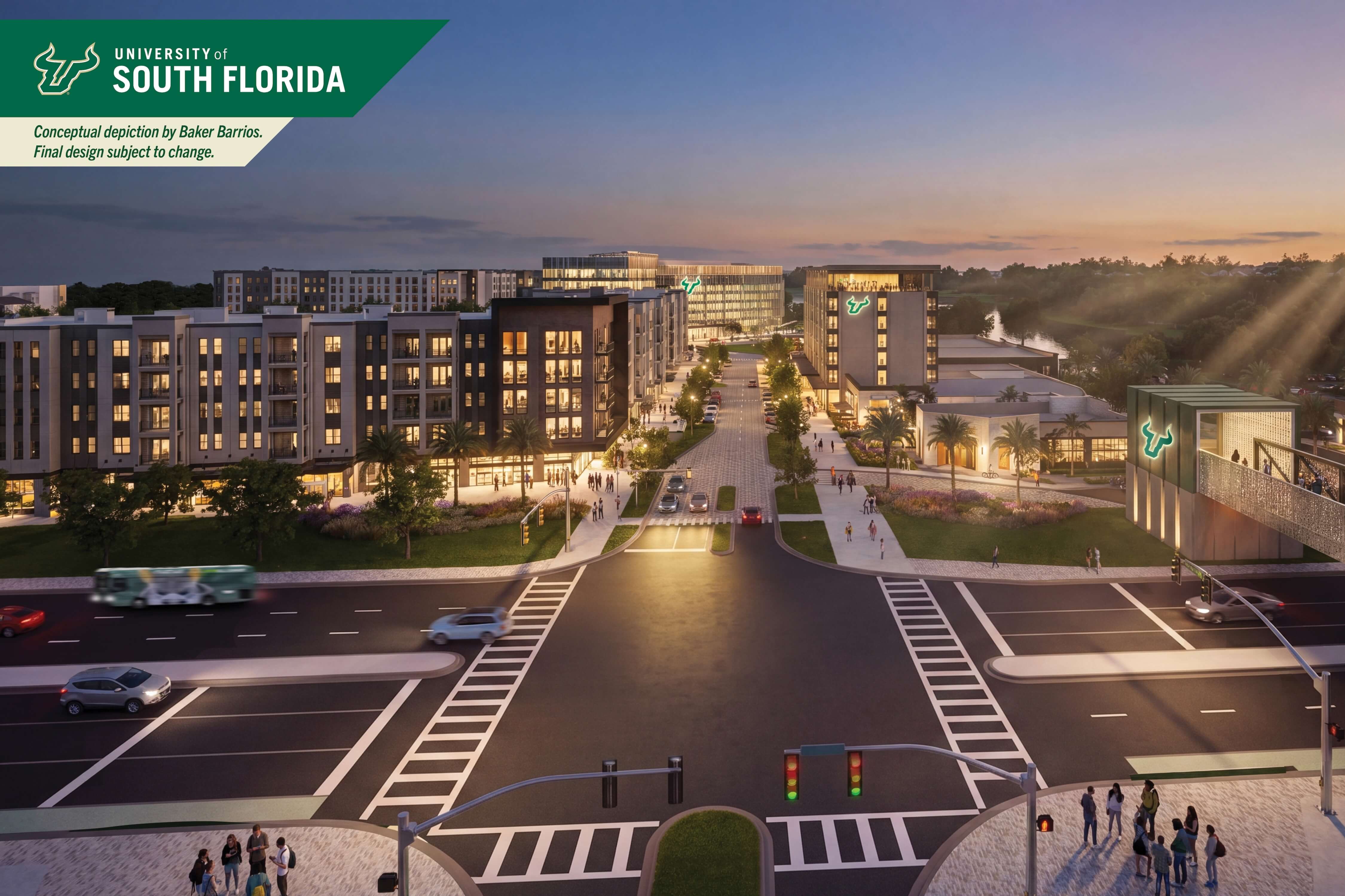An aerial depiction of Uptown Landing USF viewed from across Fletcher Avenue to the south.