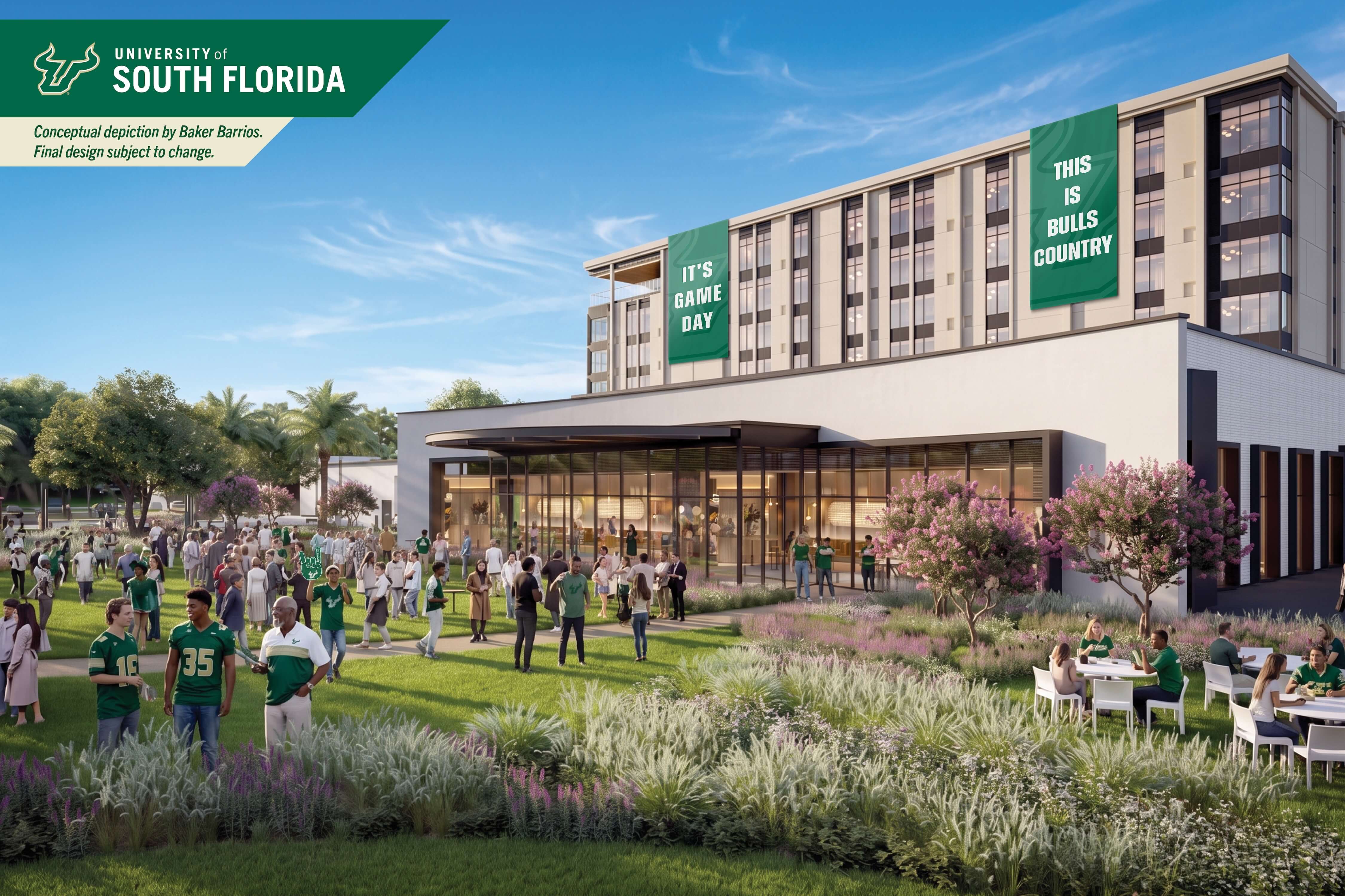 The hotel’s east courtyard is depicted on a USF football game day.