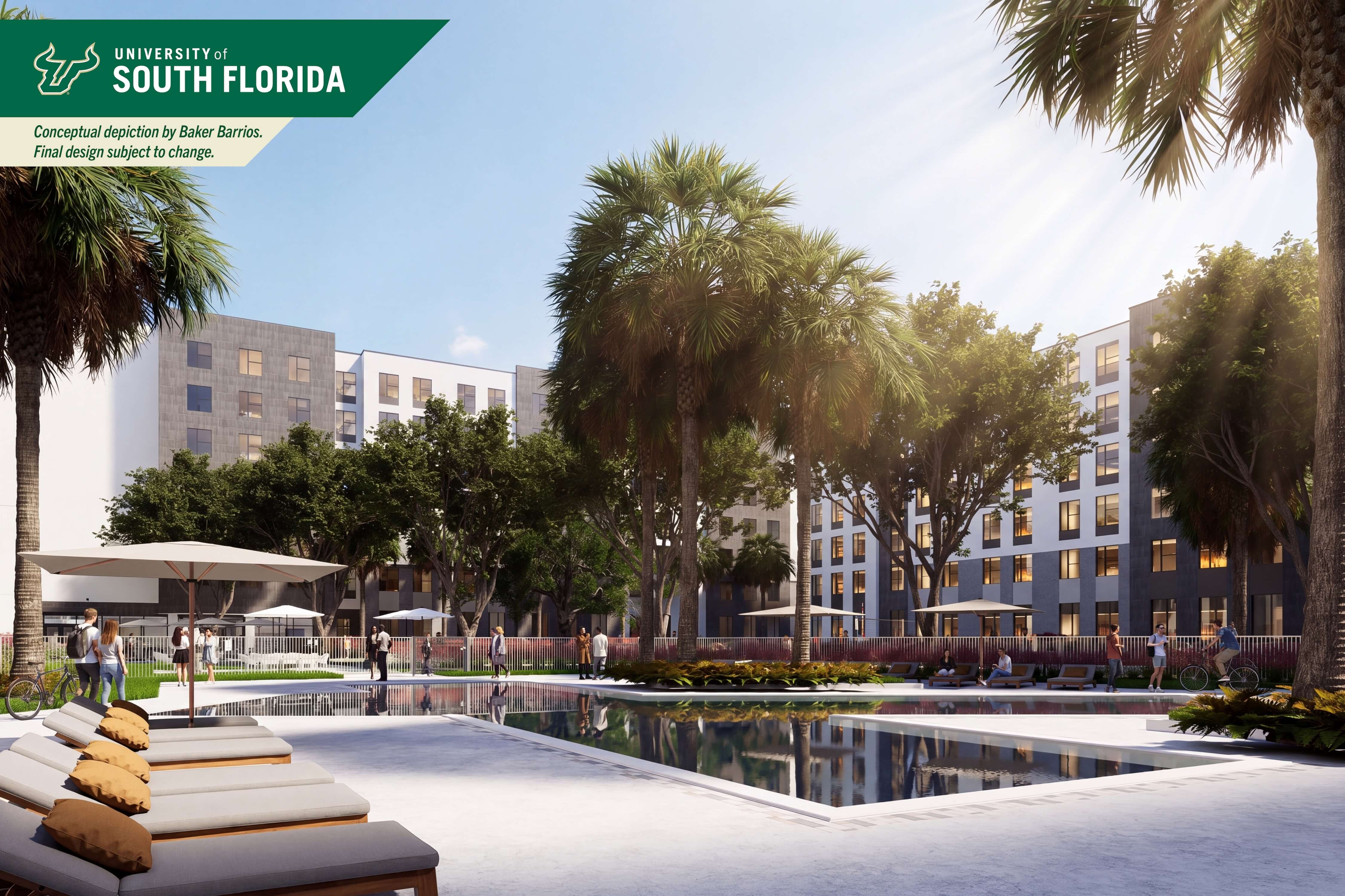 The student residence hall courtyard depicted with a pool area and gathering spaces.