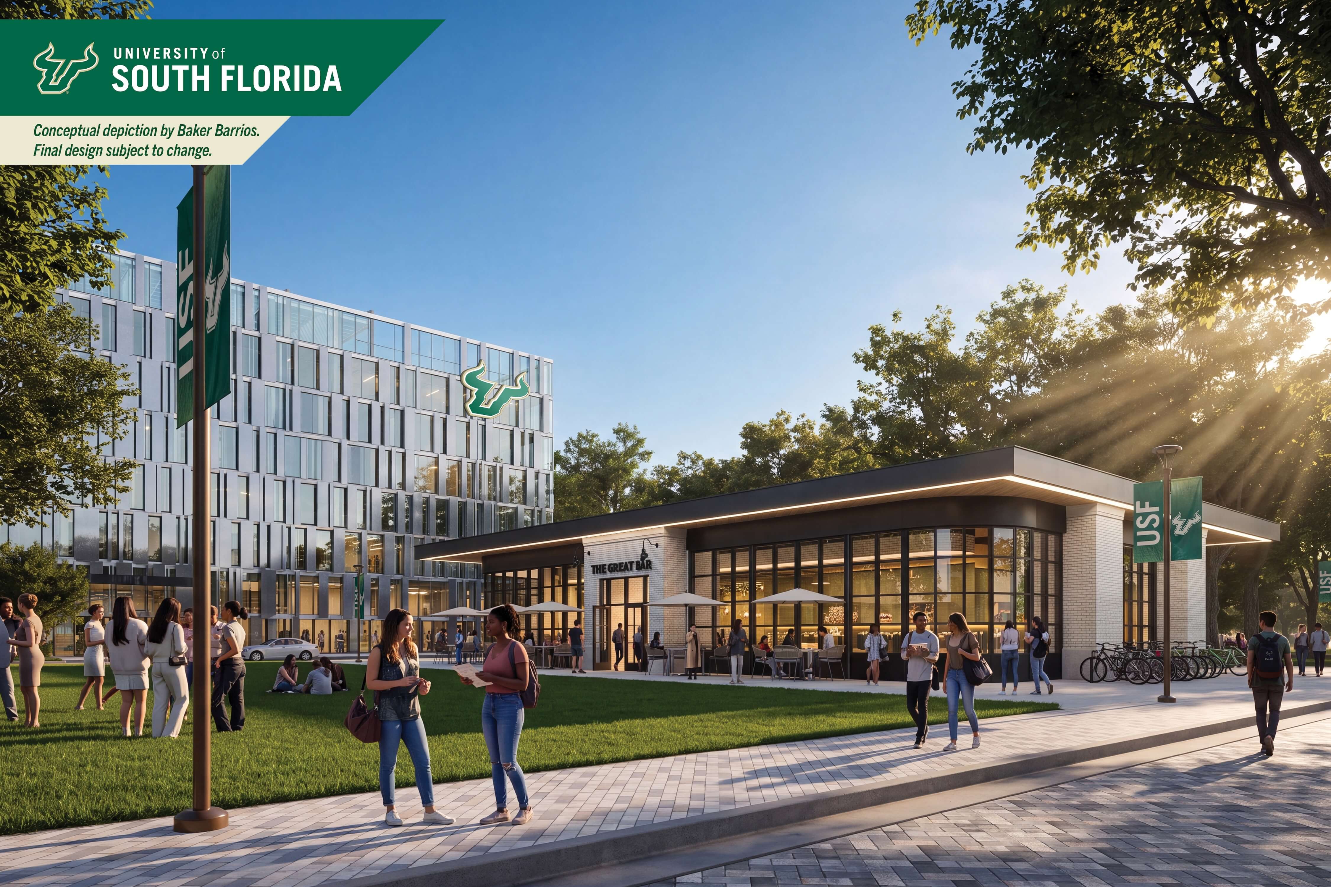 A retail/restaurant space (right) located near the academic/research building (left).