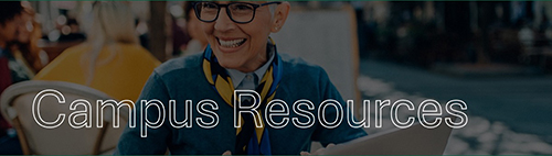 campus resources with woman smiling on campus in background