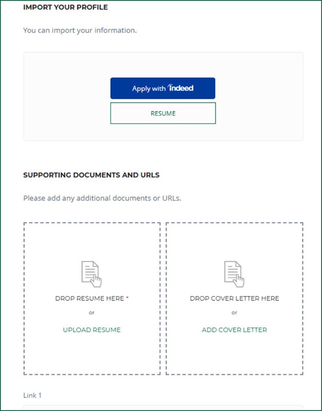 screenshot showing potential to upload profile, resume and links