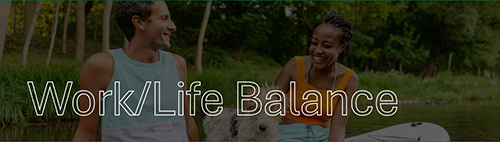 work life balance with man woman and dog on kayak in background