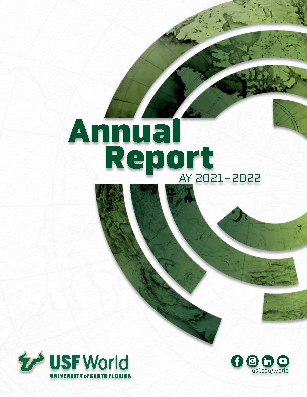 cover of 2021-22 usf world annual report, which has a green global stylistically arranged on a white textured background