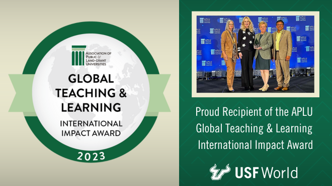 (L-R) Cindy DeLuca, vice president for Student Success, Kiki Caruson, vice president for USF World, President Rhea Law and Provost and Executive Vice President Prasant Mohapatra accepting the 2023 APLU Spotlight Award for Global Teaching and Learning