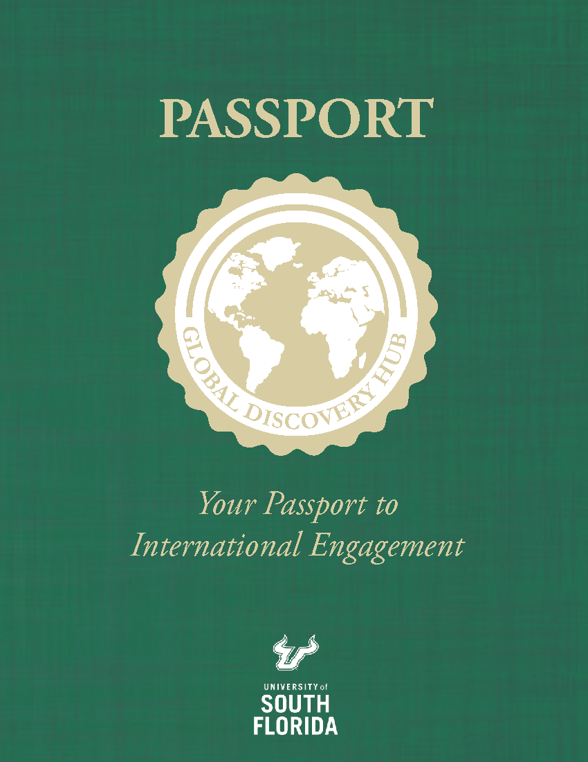 cover of USF World faculty passport resources featuring a green background and gold globe