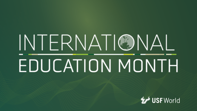 green and gold graphic stating "international education month"