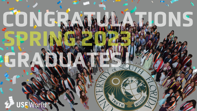 view of USF seal on the floor of the student union surrounded by international students in their sash regalia looking up at the camera