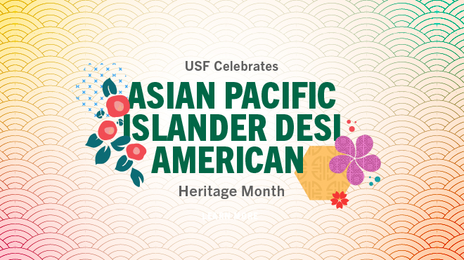 graphic with colorful arcs and swirls with the green text "USF celebrates Asian Pacific Islander Desi American (APIDA) Heritage month"