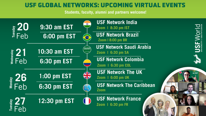 green schedule of upcoming Global Network events listed by dates in February