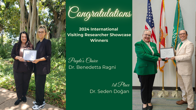 picture congratulating female researchers, Dr. Benedetta Ragni and Dr. Seden Gogan posing with certificates presented by the USF World campus directors Wendy Baker and Brandon McLeod