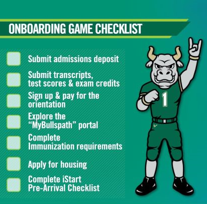 small green gameboard showing the steps to orientation for incoming international students