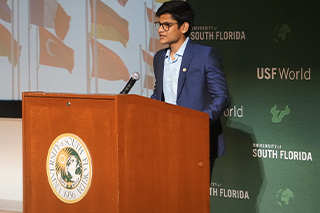 USF Student Body Vice President Sumit Subhash Jadhav speaks at the international sash ceremony