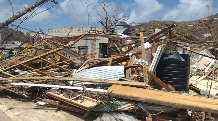 Devestation rubble from hurricane Beryl at Union Island in the Caribbean