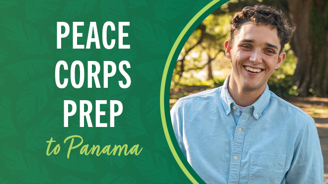 Jackson Anderson on the left with a side panel on the left that reads "Peace Corps Prep to Panama"