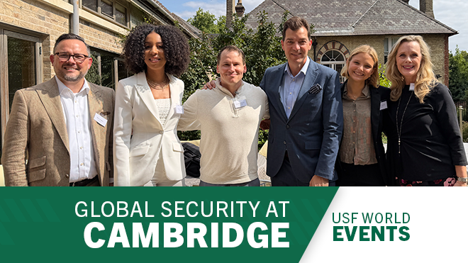 "Global Security at Cambridge" and "USF World Events" on a banner underneath a photo of a group of people smiling