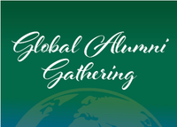 "Global Alumni Gathering" in white text on a green background with a lime faded green world underneath