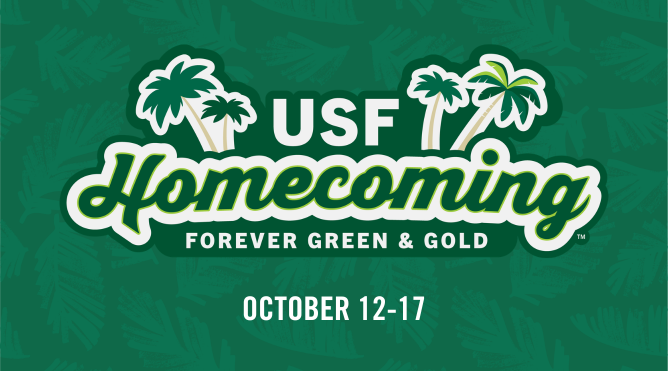 "Homecoming: Forever Green and Gold" text with date "October 12-17" on an illustrated green palm backdrop