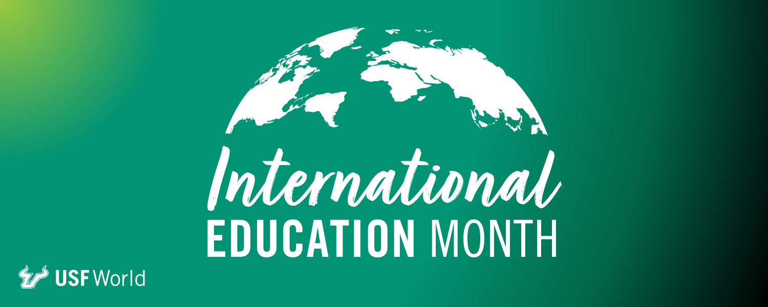 International Education Month white text on a lime, teal, and black gradient background
