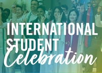 "International Student Celebration" white text on a gradient background with transparent photo of students wearing their national stoles and holding up "go bulls" signs